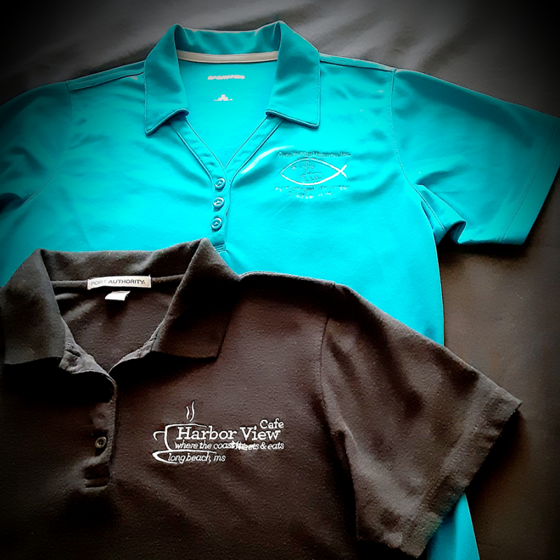 promotional black and turquoise polo shirts for Harbor View Cafe