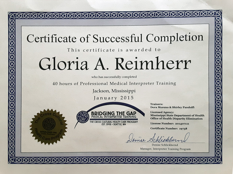 Professional Medical Interpreter Training Certificate 2015 for Gloria A. Reimherr