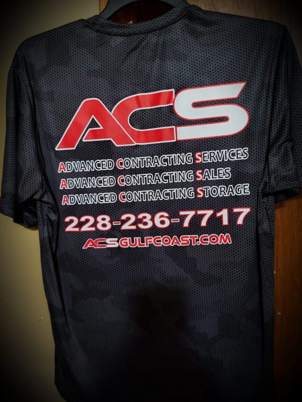 Back of black camo t-shirt for ACS